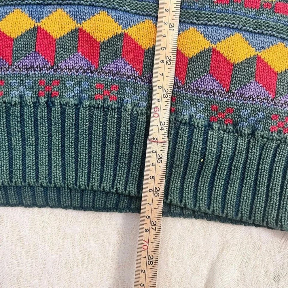 Izod Vintage 90s Cotton Sweater Men's M Green Cable Knit‎ V-Neck Geometric Trim